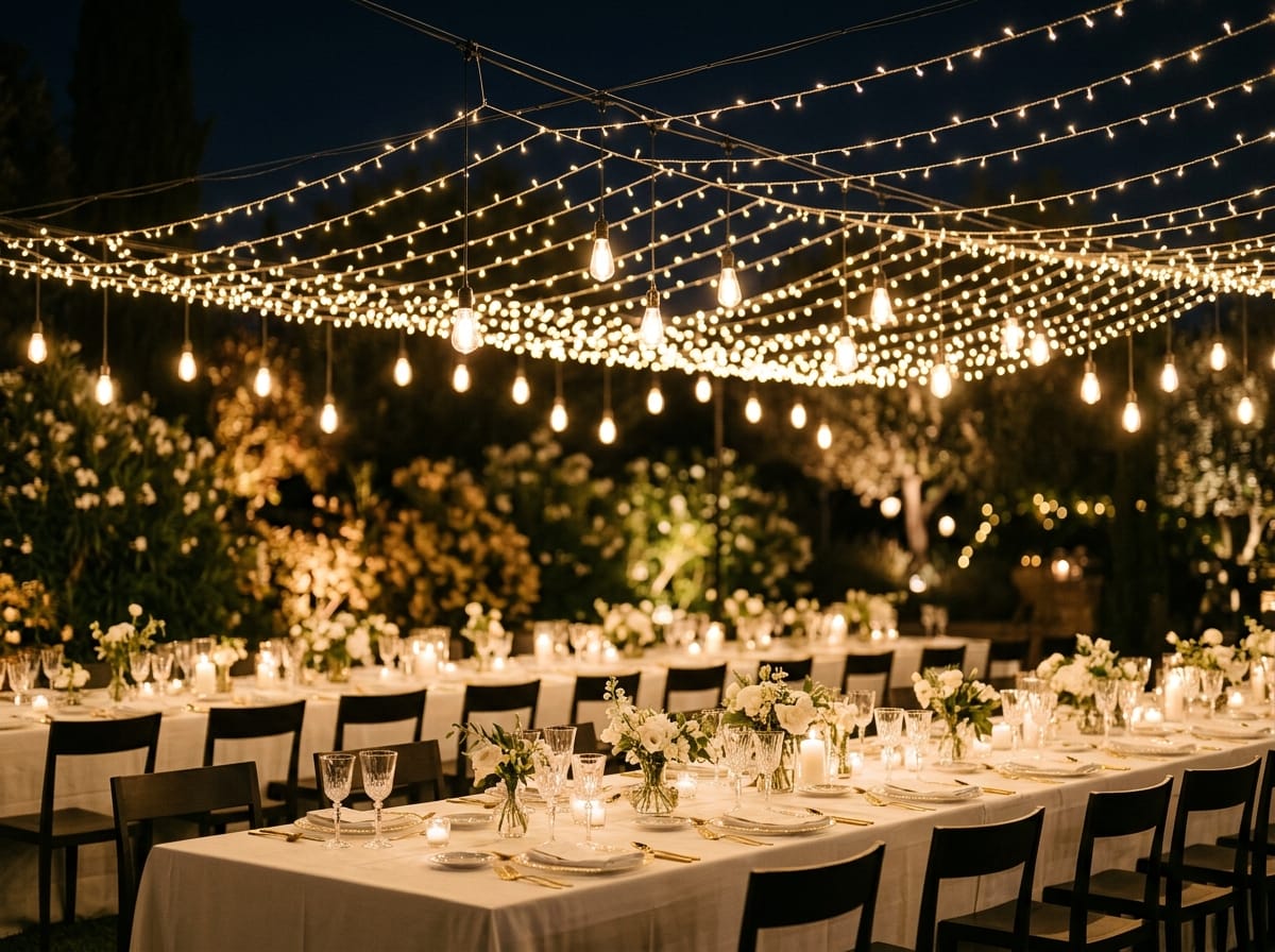 Guirnaldas de luces suspendidas creando un techo visual acogedor sobre una mesa de banquete de boda.